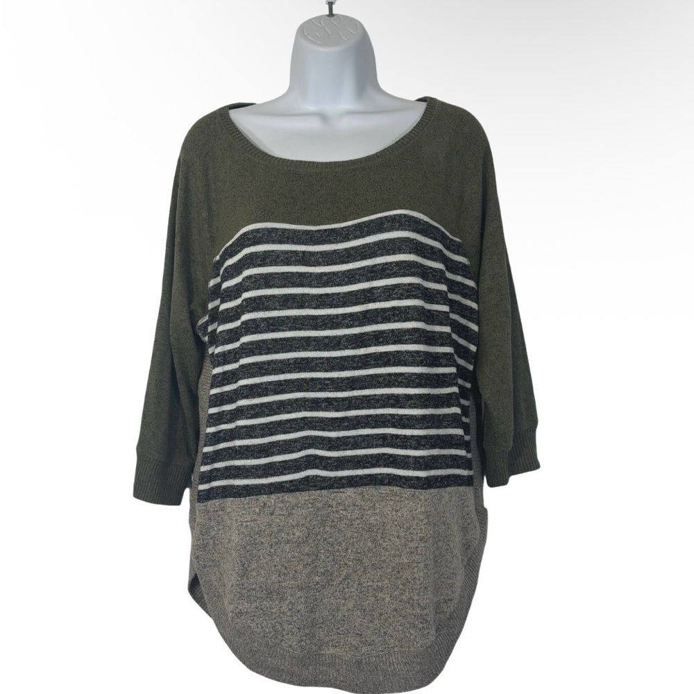 Colorblock Striped Maurices Tunic Sweater Olive Green Gray 3/4 Sleeve SzL Cozy